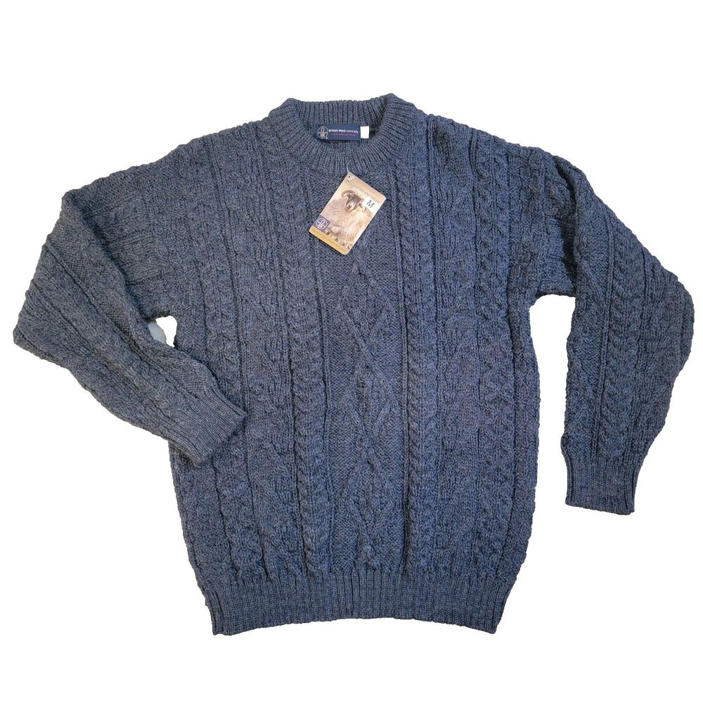 JM Cooper NWT Sweater Mens Medium Blue British Wool Cable Knit Fisherman NEW